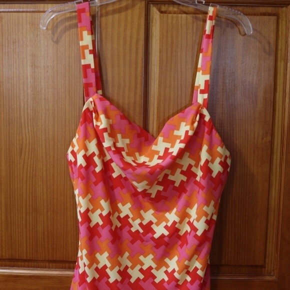 Shoshanna Pink & Orange Geometric Print Tank Dress 12 Y2K Chevron Striped Bright - Picture 9 of 12